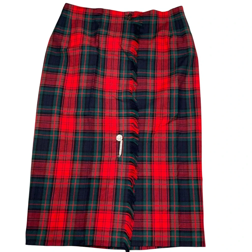 Rafaela Midi Skirt Women 12 Red Plaid Tartan Scottish Kilt Fringe Wrap Pin Wool